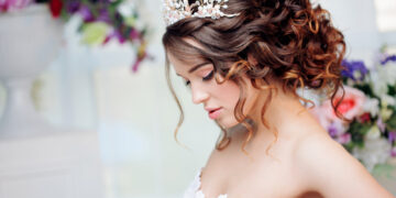 Portrait of a beautiful girl in a wedding dress. Bride in luxurious dress, close-up
